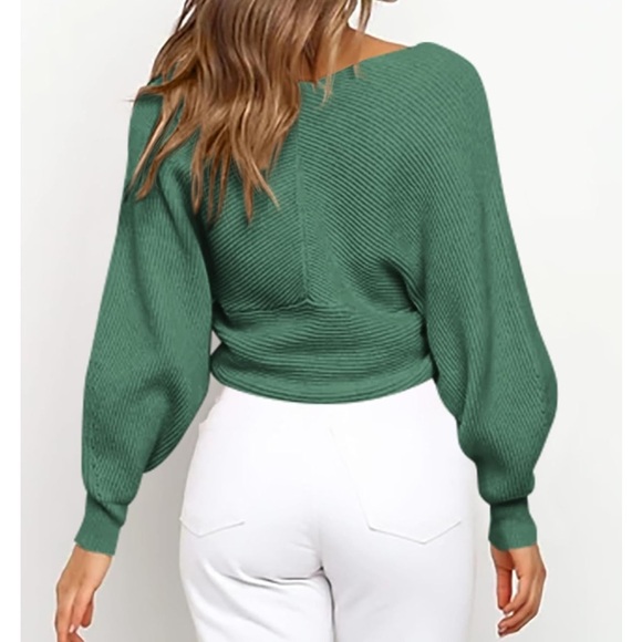 Women Casual V Neck Long Sleeve Sweaters Cross Wrap Front Off Shoulder Crop S - Picture 3 of 3